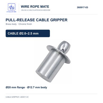 Brass Pull-to-Release Cable Gripper for 2.0-2.5 mm Wire Rope with Chrome Finish